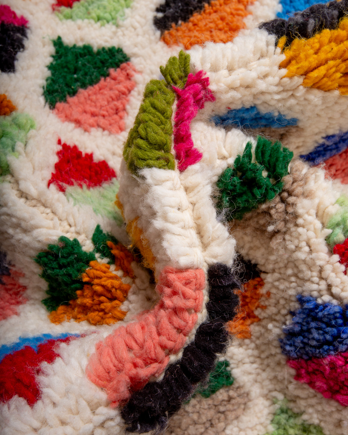 Modern, designer, handcrafted Berber rug from Morocco. Beniourain carpet with beautiful colours and patterns and fluffy wool texture.
